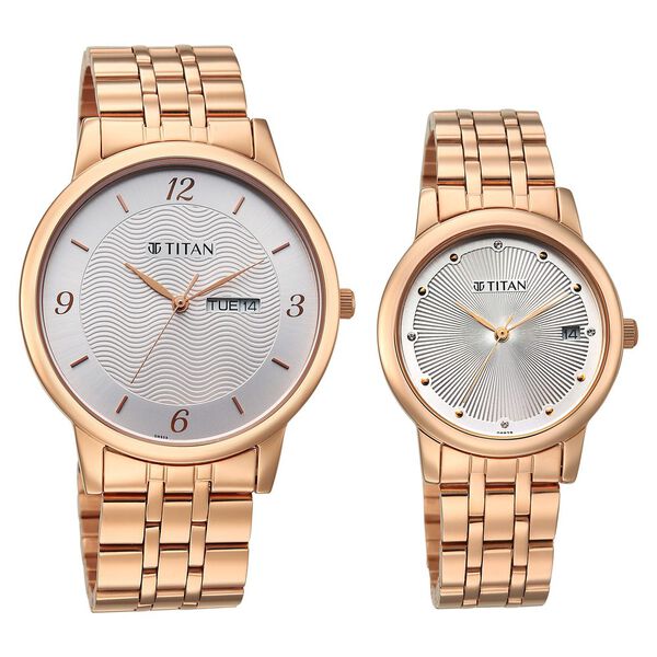 Titan Bandhan Eternal Pair Analog with Date and Silver Dial Rose Gold Stainless Steel Strap Watch for Couples - image number 1