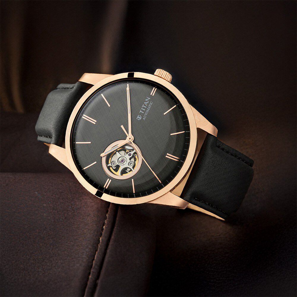 Buy Online Titan Automatic Open Heart Black Dial Black Leather