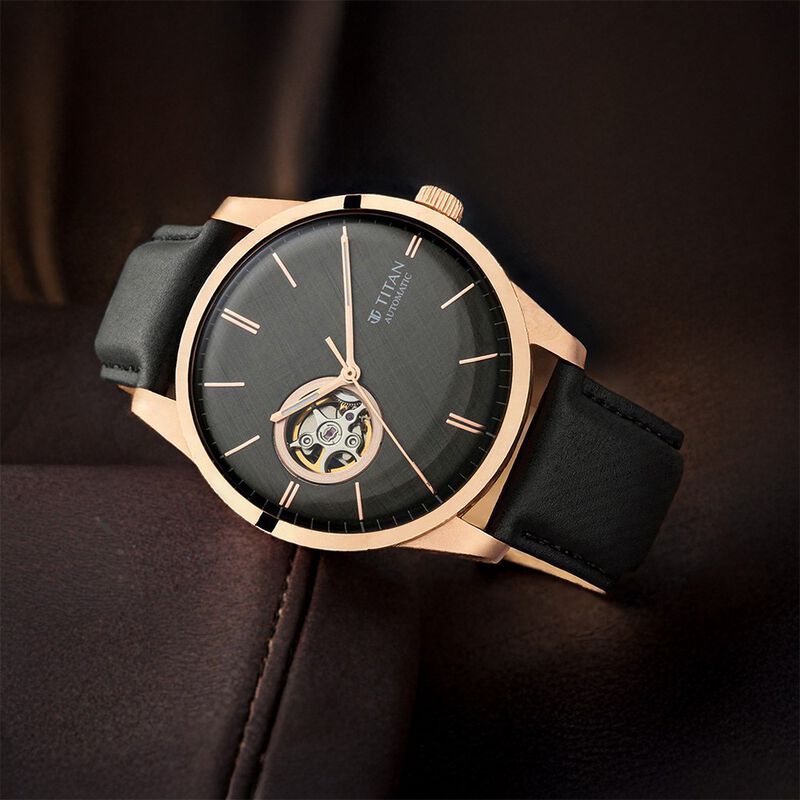 Titan Automatic Open Heart Black Dial Black Leather Strap Watch for Men
