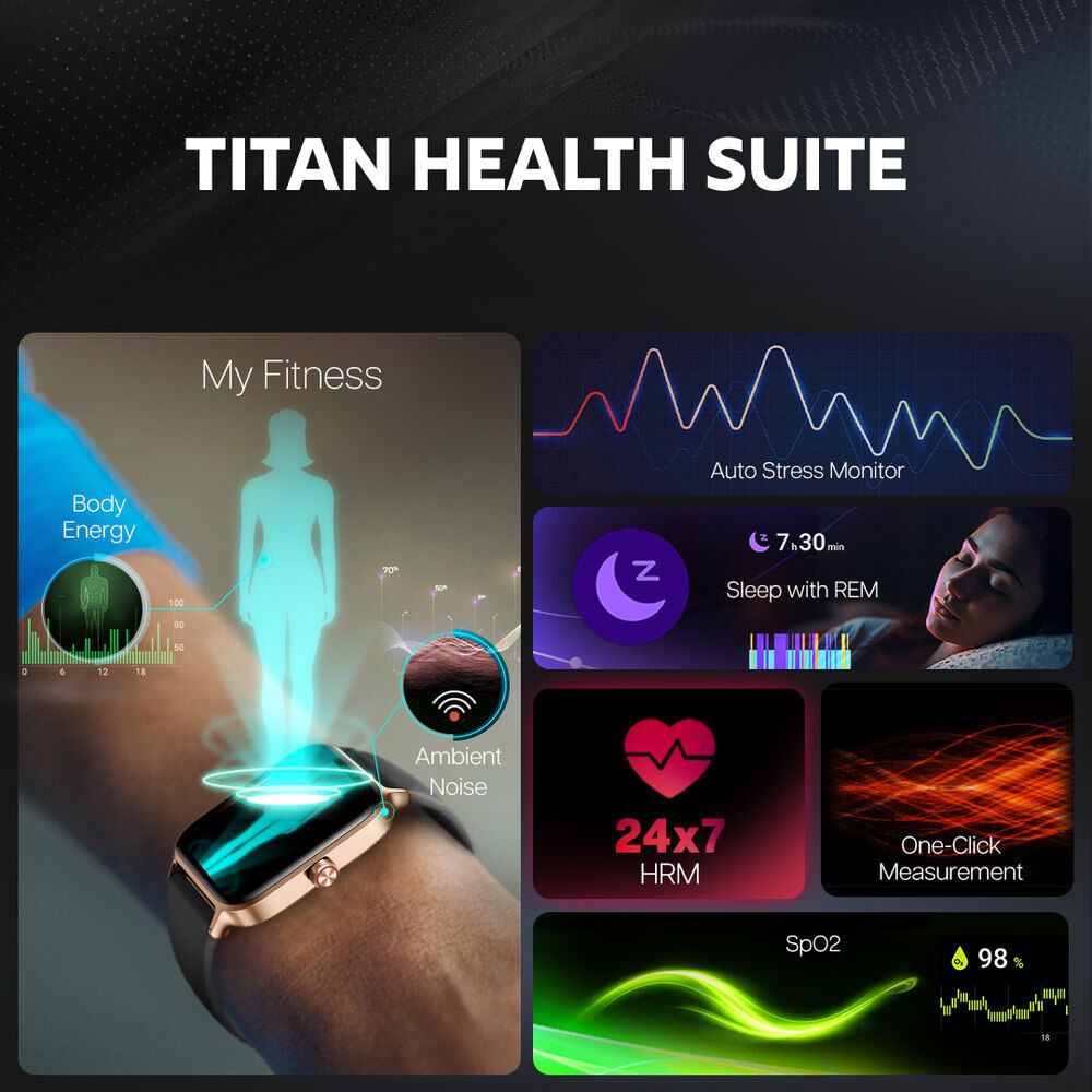 Titan Traveller with 4.52 cm AMOLED Display BT Calling India s First FitVerse Smartwatch with Black Leather Strap