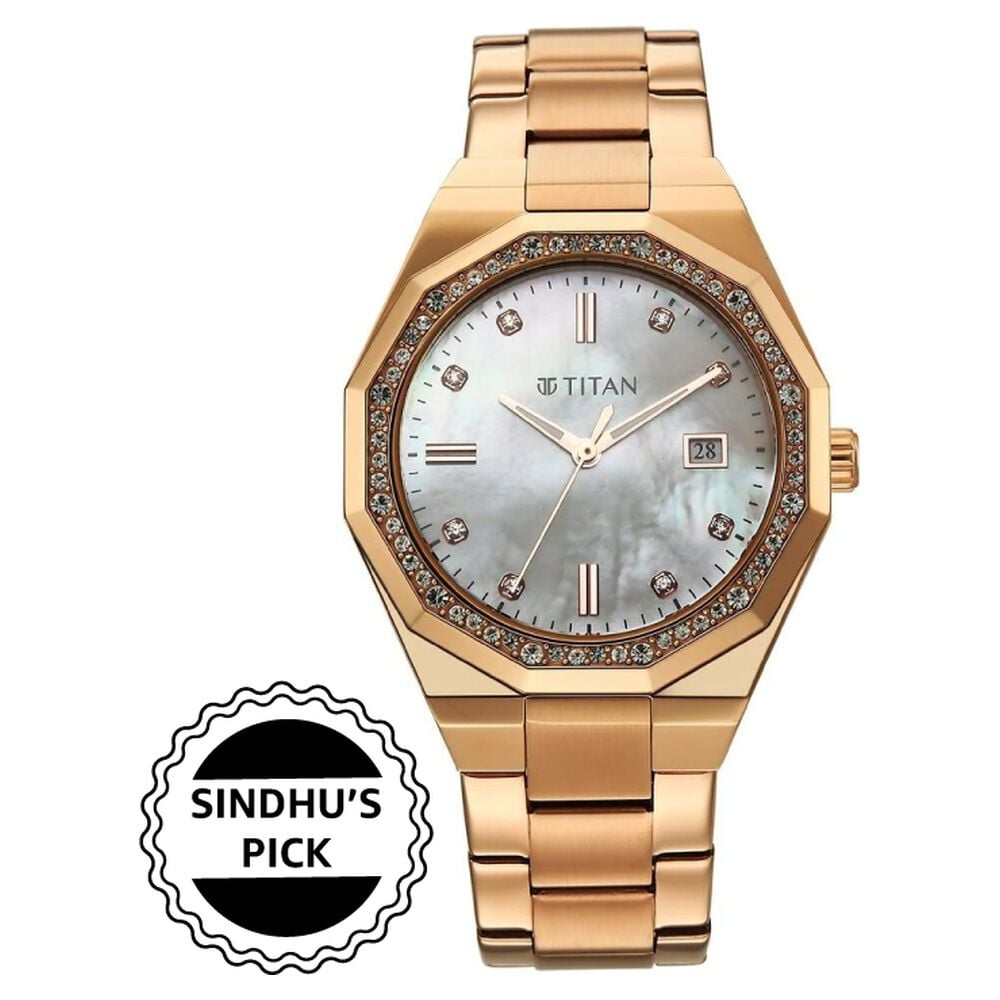 Titan Glamour Quartz Analog with Date Mother Of Pearl Dial Rose Gold Stainless Steel Strap Watch For Women-picture-14