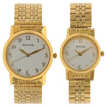 Sonata Quartz Analog Silver Dial Metal Strap Watch for Couple