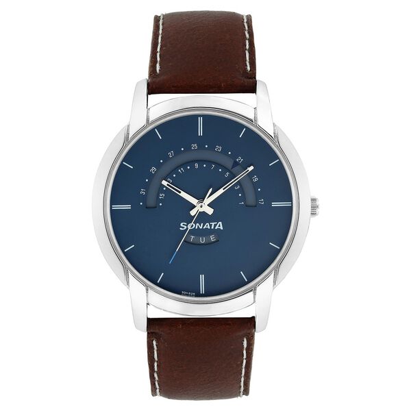 Sonata Quartz Analog with Day and Date Blue Dial Leather Strap Watch for Men - image number 0