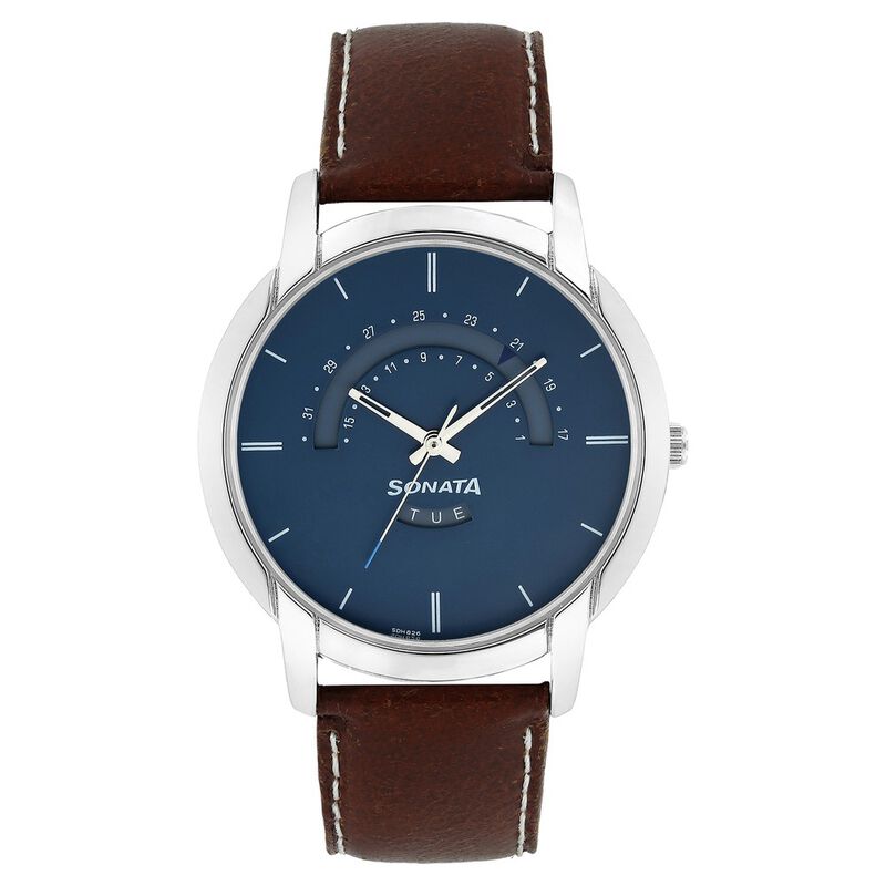 Sonata Quartz Analog with Day and Date Blue Dial Leather Strap Watch for Men