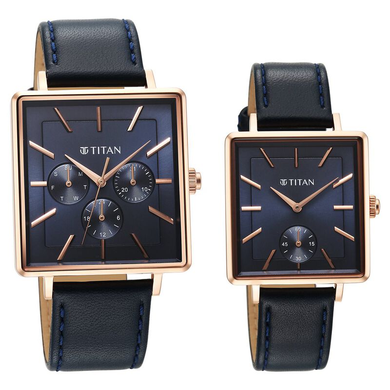 Titan Bandhan Black Dial Quartz Multifunction Leather Strap Watch for Couple