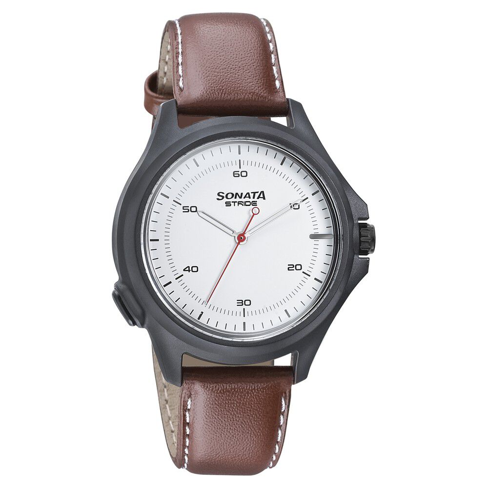 Buy Online Sonata Stride Smart White Dial Leather Strap Watch for Men 7130pl01 Titan