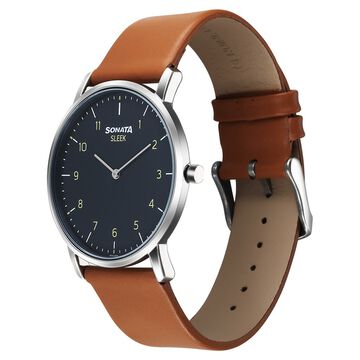 Sonata Sleek Quartz Analog Grey Dial Tan Leather Strap Watch For Men