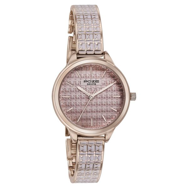 Sonata Poze Quartz Analog Pink Dial Rose Gold Color Metal Strap Watch For Women - image number 2