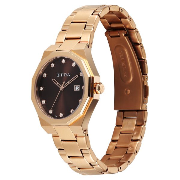 Titan  Purple Time Deluxe Quartz Analog Brown Dial Rose Gold Metal Strap Watch For Women - image number 2