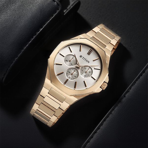 Titan Classic Slim Multifunction Multifunction Silver Dial Carnation Gold Stainless Steel Strap Watch For Men - image number 0