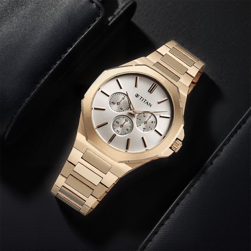 Titan Classic Slim Multifunction Multifunction Silver Dial Carnation Gold Stainless Steel Strap Watch For Men