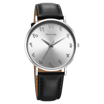 Sonata Regional Edition Hindi Quartz Analog Silver Dial Leather Strap Watch For Men