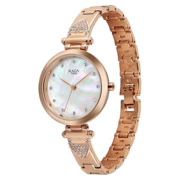 Titan Raga Glimmers Quartz Analog Mother of Pearl Dial Rose Gold Metal Strap Watch For Women - image number 2