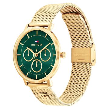 Tommy Hilfiger Quartz Multifunction Green Dial Golden Stainless Steel Strap Watch For Women