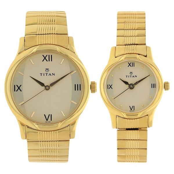 Titan Quartz Analog Champagne Dial Metal Strap Watch for Couple - image number 0