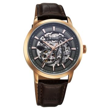 Titan Phoenix Skeletal Automatic Analog with Gun Dial Brown Leather Strap Watch for Men