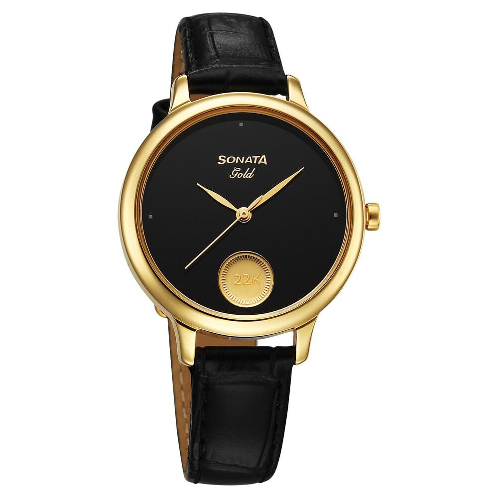 Sonata Gold Quartz Analog Watch for Women with Black Dial Leather Strap With An Eye-Catching Gold Coin on Dial-picture-24