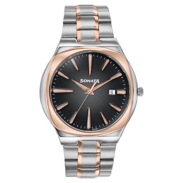 Sonata Festive Quartz Analog Black Dial Two Toned Metal Strap Watch For Men