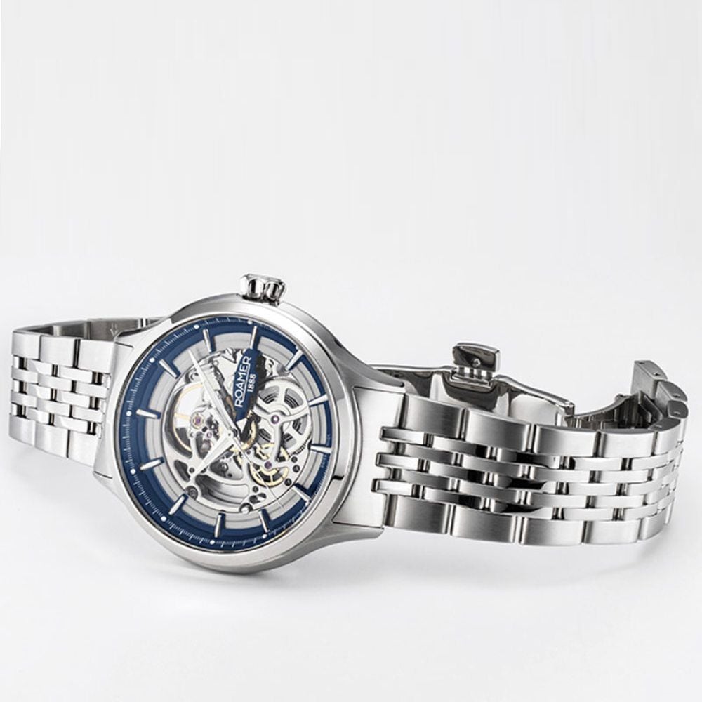 Roamer Competence Skeleton IV Quartz Analog Blue Dial Silver Stainless Steel Strap Watch For Men-image-3