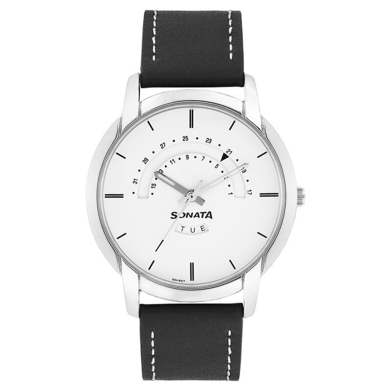 Sonata Quartz Analog with Day and Date White Dial Leather Strap Watch for Men