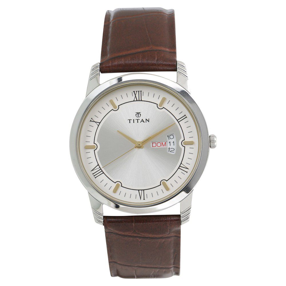 Buy Online Titan Quartz Analog with Day and Date Silver Dial Leather Strap Watch for Men ns1774sl01 Titan