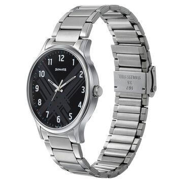 Sonata Smart Plaid Quartz Analog Black Dial Stainless Steel Strap Watch for Men