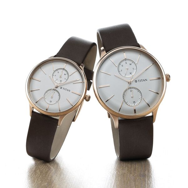 Titan Bandhan White Dial Quartz Multifunction Leather Strap watch for Couple - image number 5