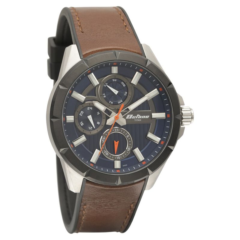 Titan Quartz Multifunction Blue Dial Silicone & Leather Strap Watch for Men