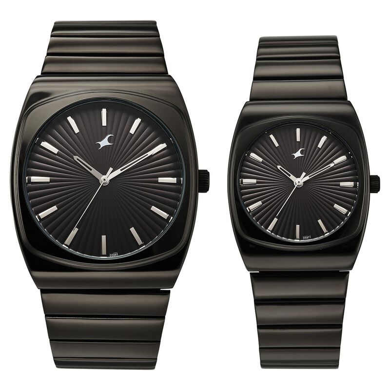 Fastrack Mixmatched Quartz Analog Multicoloured Dial Two Toned Stainless Steel Strap Watch For Couple