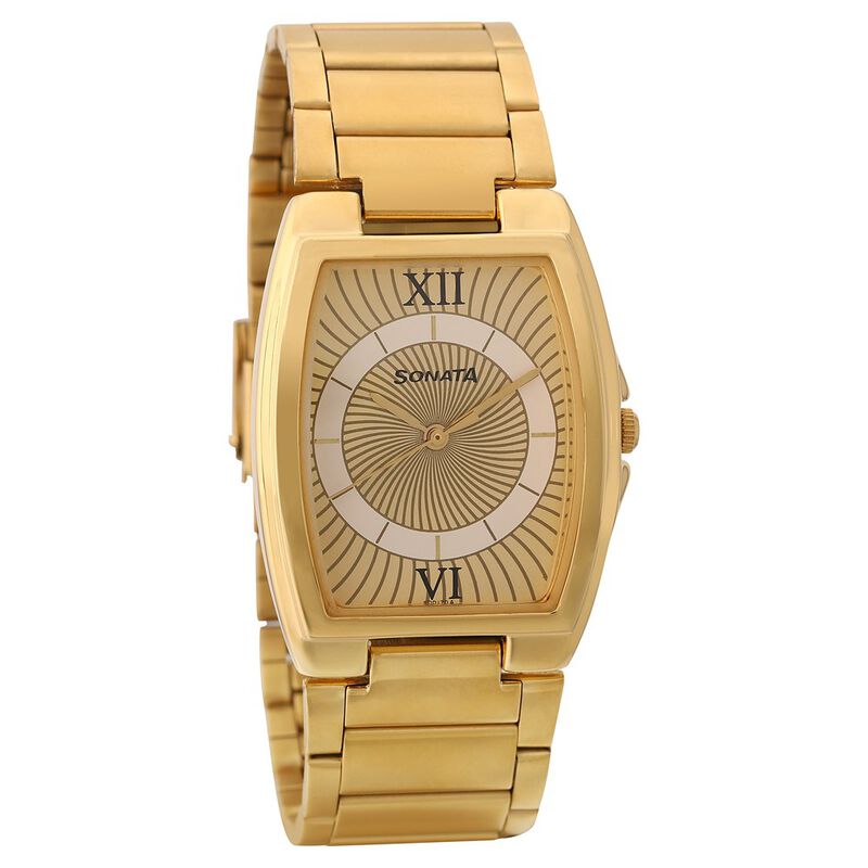 Sonata Quartz Analog Champagne Dial Metal Strap Watch for Men