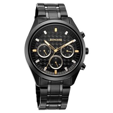 Sonata Multifunction Black Dial Black Metal Strap Watch For Men