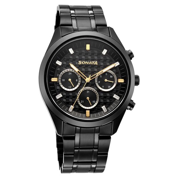 Sonata Multifunction Black Dial Black Metal Strap Watch For Men - image number 1