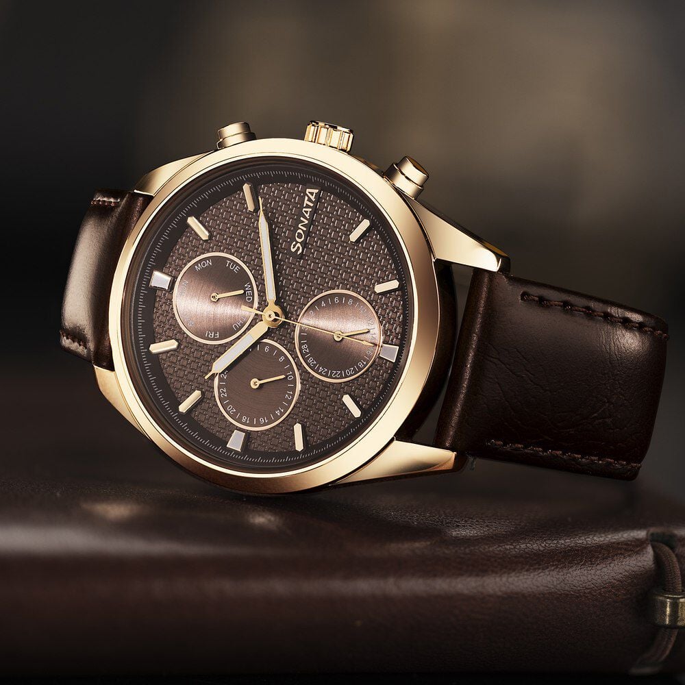 Sonata Magna Quartz Multifunction Brown Dial Rose Gold Leather Strap Watch For Men-image-26