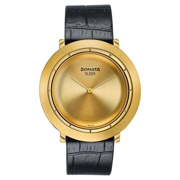 Sonata Sleek Champagne Dial Gold-Tone Leather Strap Watch