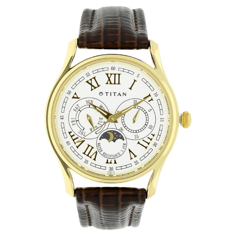 Titan Quartz Multifunction White Dial Leather Strap Watch for Men
