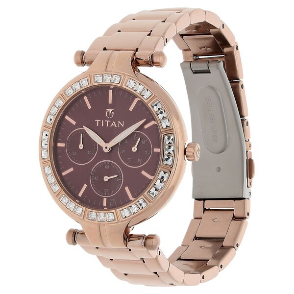 Titan Quartz Multifunction Red Dial Stainless Steel Strap Watch for Women - image number 1