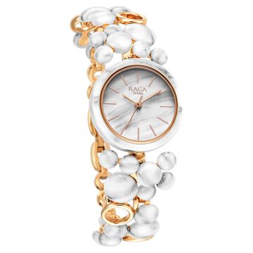 Titan Raga Ceramics Quartz Analog White Dial Metal Strap Watch For Women