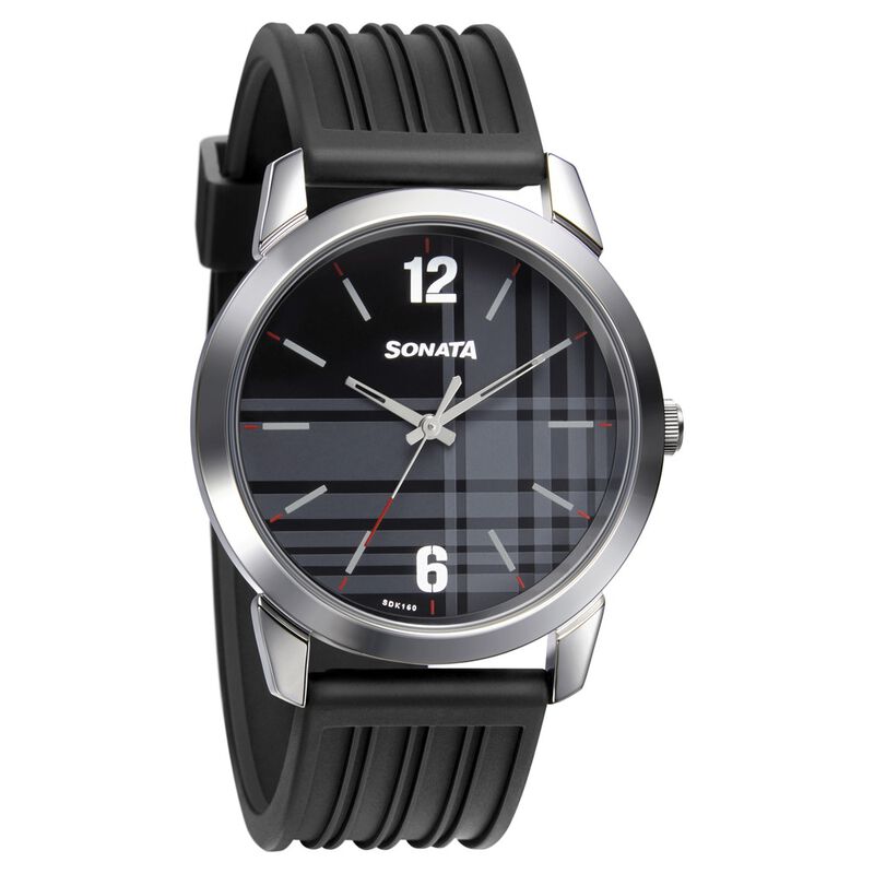 Sonata Smart Plaid Quartz Analog Black Dial TPU Strap Watch for Men