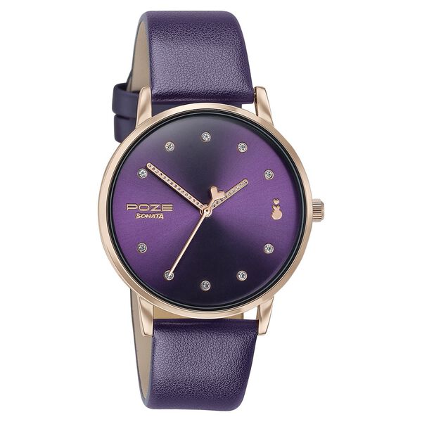 Sonata Poze Quartz Analog Purple Dial Leather Strap Watch For Women - image number 2