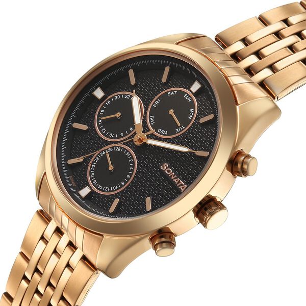 Sonata Magna Quartz Multifunction Black Dial Rose Gold Stainless Steel Strap Watch For Men - image number 4