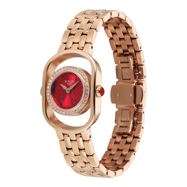 Titan Raga Paris, with Love Quartz Analog Red Mirror Polished Dial Rose Gold Stainless Steel Strap Watch For Women - image number 3