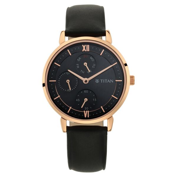 Titan Women's Regal: Roman Numeral Black Dial & Leather Strap Watch - image number 1