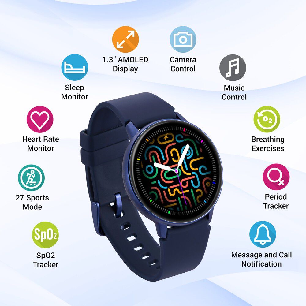 Reflex Play Smart Watch with Blue Strap Amoled Display Health Suite In Built Games Period Tracker