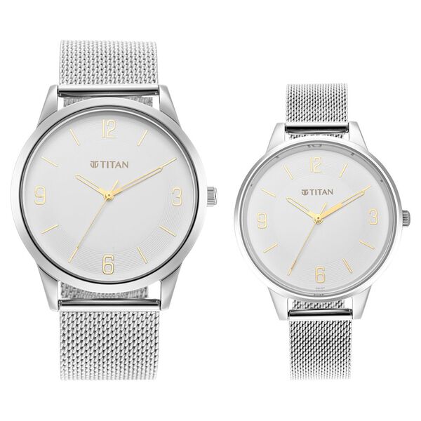 Titan Quartz Analog White Dial Stainless Steel Strap Watch for Couple - image number 1