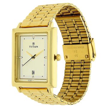 Titan Quartz Analog with Date Champagne Dial Golden Stainless Steel Strap Rectangular Shaped Watch For Men