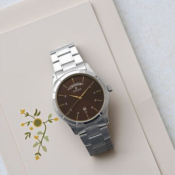Titan Workwear Brown Dial Analog with Day and Date Stainless Steel Strap Watch for Men