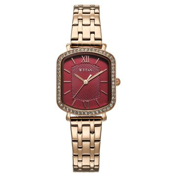 Titan Purple Metro Quartz Analog Red Dial Rose Gold Plated Stainless Steel Strap Watch For Women