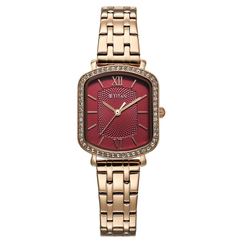 Titan Purple Metro Quartz Analog Red Dial Rose Gold Plated Stainless Steel Strap Watch For Women