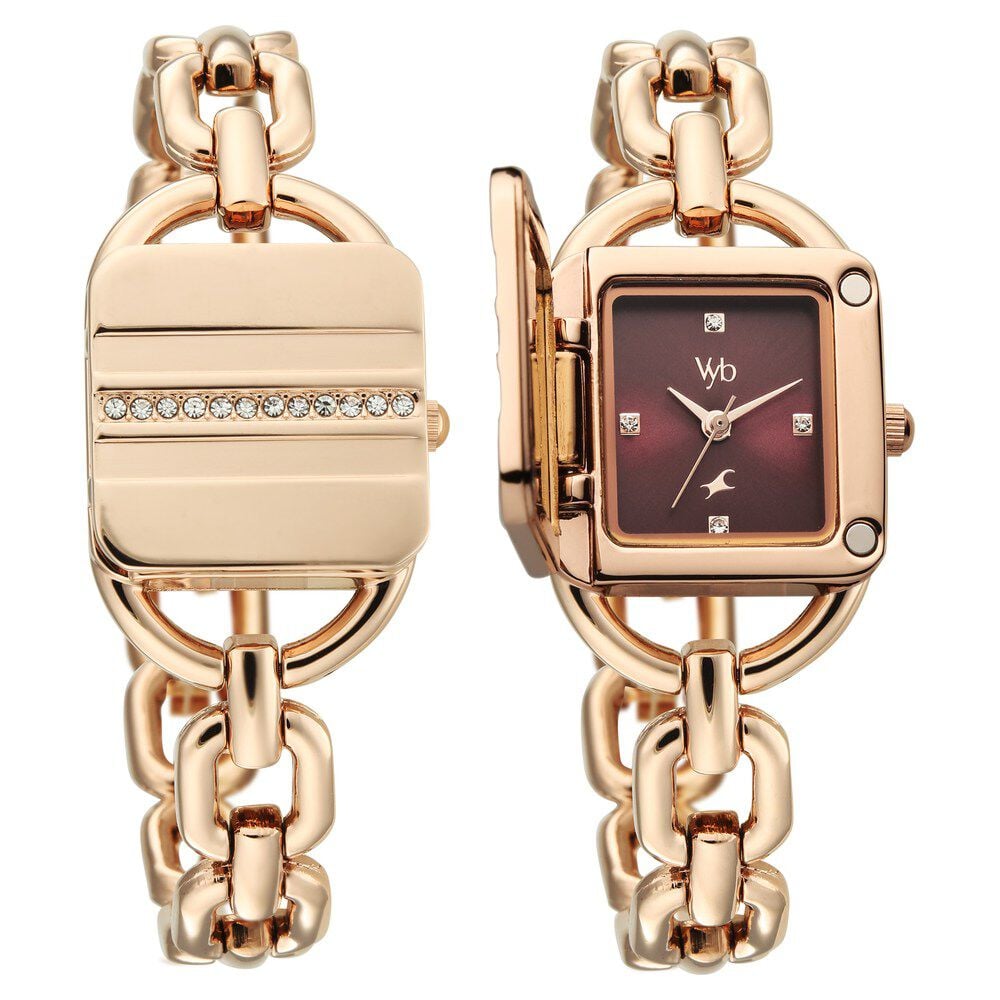 Vyb Prodigy By Fastrack Quartz Analog Maroon Dial Rose Gold Metal Strap Watch For Girls-image-43