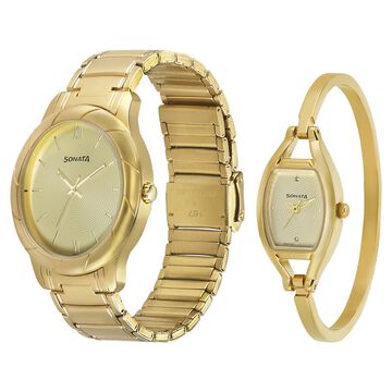 Sonata Quartz Analog Beige Dial Stainless Steel Strap Watch for Couple